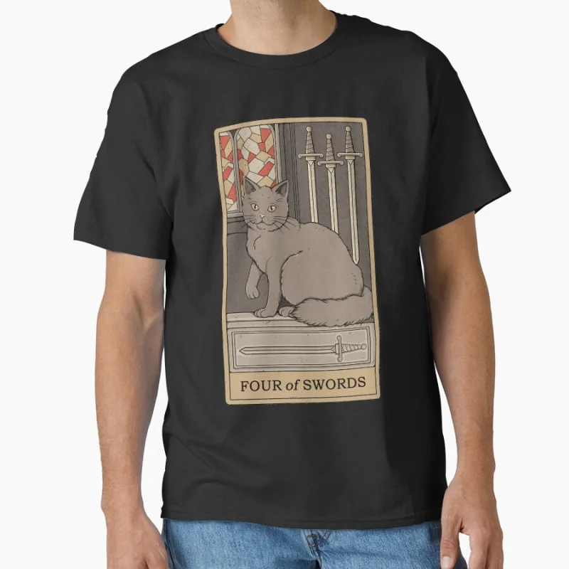 

Four of Swords Vinage Tarot Card Cat Funny magical cats cute pet Gift T shirt for men large size Adult Tops S-6XL mens clothing