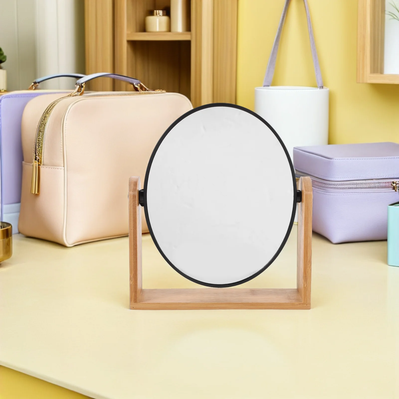 Dual-Sided Bamboo Vanity Mirror Round 3x Magnification Rotating Stand Desktop Makeup Mirror for Women Mirrors for Makeup Desk