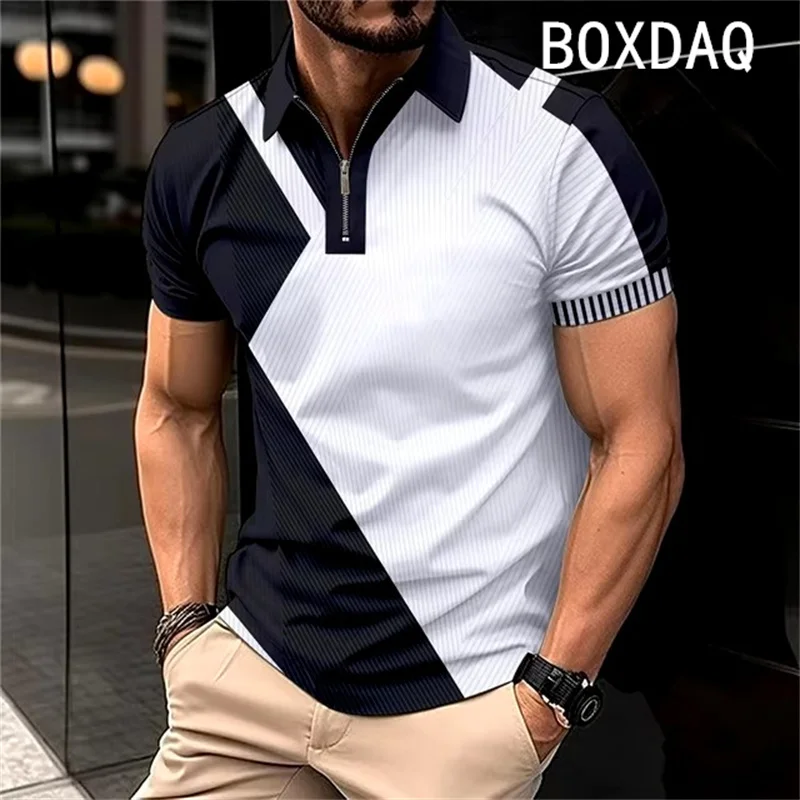 Men\'s Summer Short Sleeve Lapel Zipper Collar Polo Shirt Fashion Minimalist Casual Polo Shirt 3D Color Splicing Polo Shirt Tops