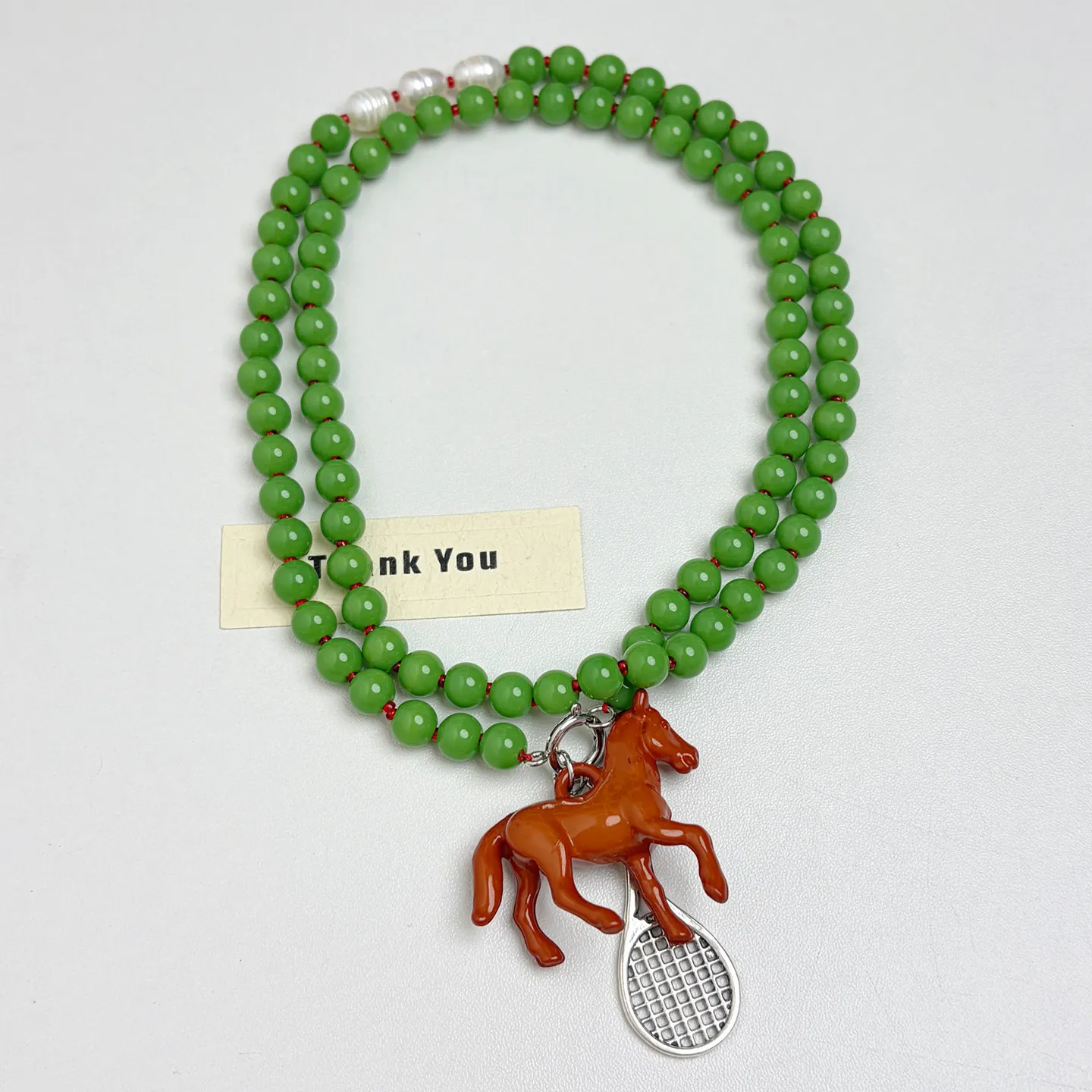 

Vintage Green Beaded Pony Pendant Necklace Women's Temperament Dopamine Long Sweater Chain Jewelry Gift Fashion