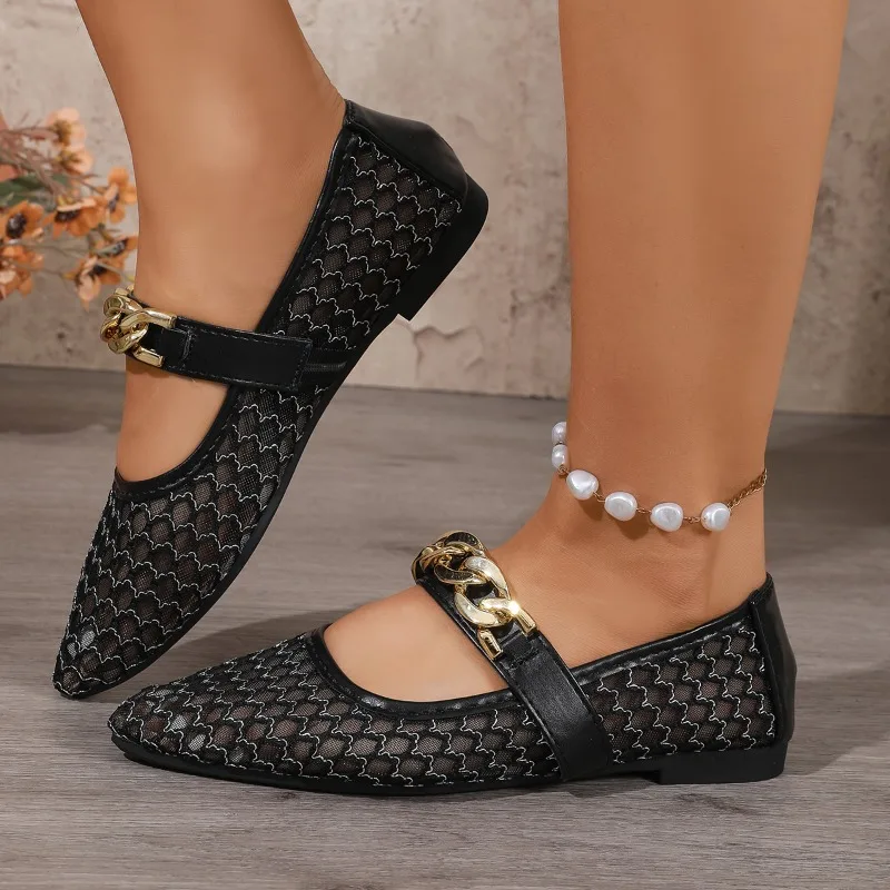 Spring Autumn New Pointed Toe Mesh Casual Women's Flats and Loafers 2026 Fashion Metal Decor Breathable Women Shoes Сабо Женские