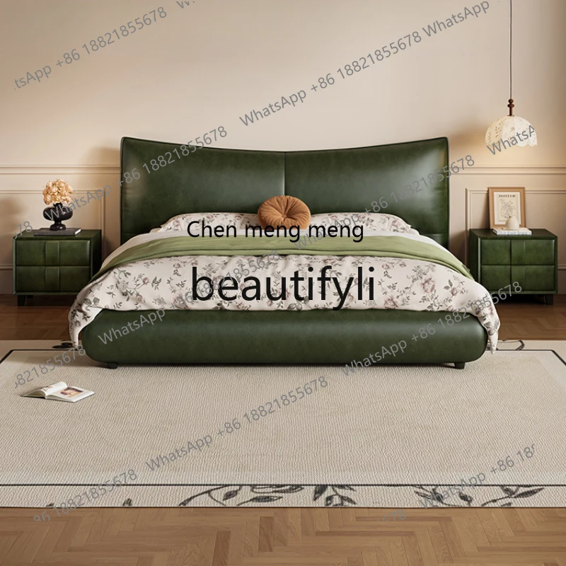 

French retro leather double bed first layer cowhide dark green premium wedding bed H