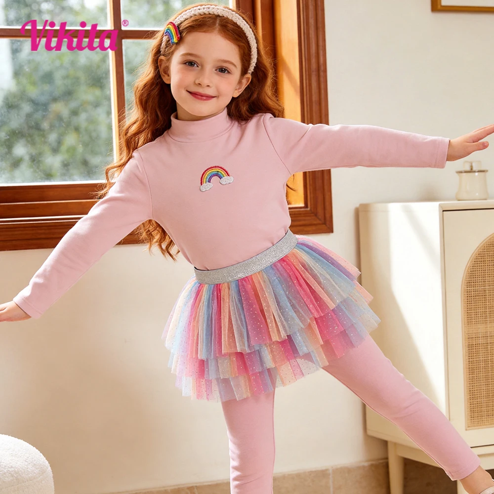 Leggings de Tul Arcoíris para Niñas, Pantalones Brillantes Rosas con Faldas en Capas, Pantalones de Algodón con Diseño de 2 Piezas para Niñas, Estilo Princesa