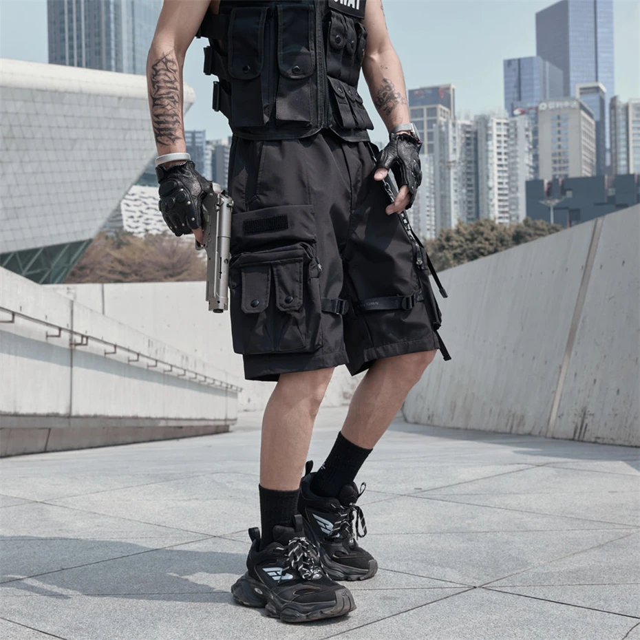 

Summer Tactical Short Men Punk Hip Hop Cargo Pants Paratrooper Big Pockets Outdoor Techwear Baggy Casual Knee Length Shorts Male