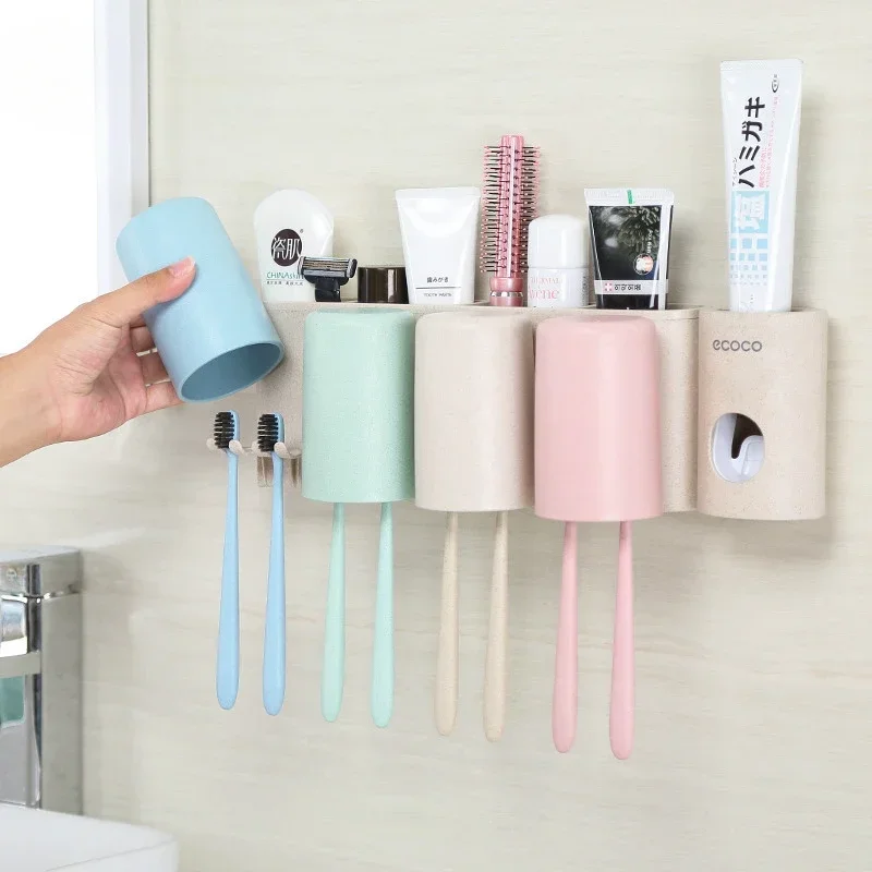 

Wall Hanging Toothbrush Holder for Bathroom, Punch-Free, Toothpaste Tooth Brushing, Utensil Storage Rack for Four Washing Set