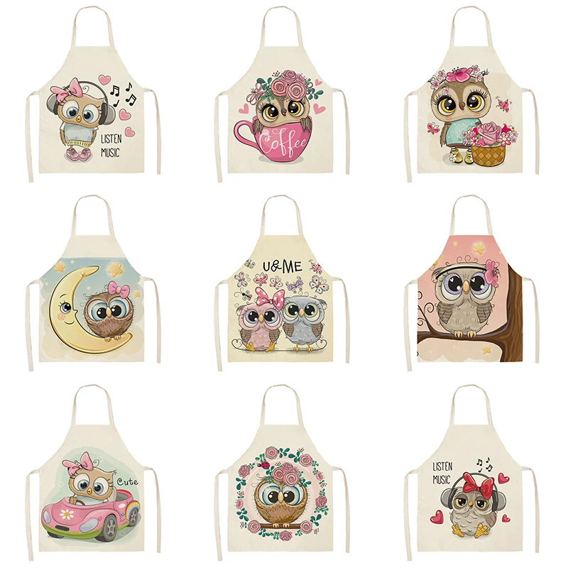 Owl pattern apron cotton and linen children's apron kitchen cooking baking barbecue home cleaning tools