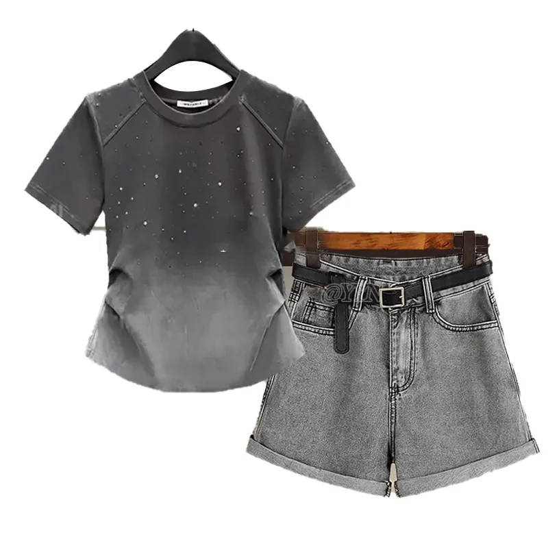 Faionable Unique ort Sve T-irt Women's Casual Versatile Design Summer Denim orts Set round Ne Polyester Fiber