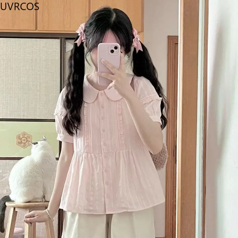 Pink Japanese Sweet Women Shirt Kawaii Cute Pleated Pan Collar Short Sleeve Lolita Blouses Y2k Aesthetic Fashion Blusas De Mujer