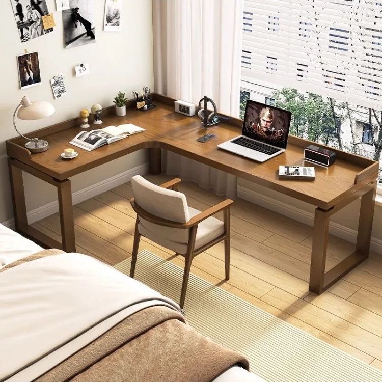 Solid wood corner desk bookshelf integrated against the wall L-shaped 7-shaped table Student home bedroom Bedside desk