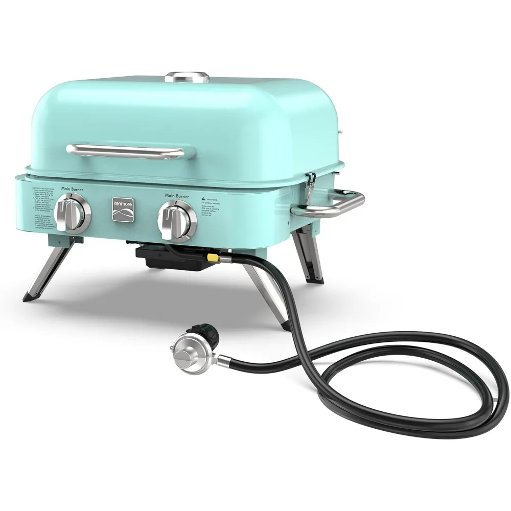 2-Burner Portable Tabletop Retro Gas Grill Comes with Electronic Ignition, Warming Rack, Propane Tank Hose,BBQ Grills