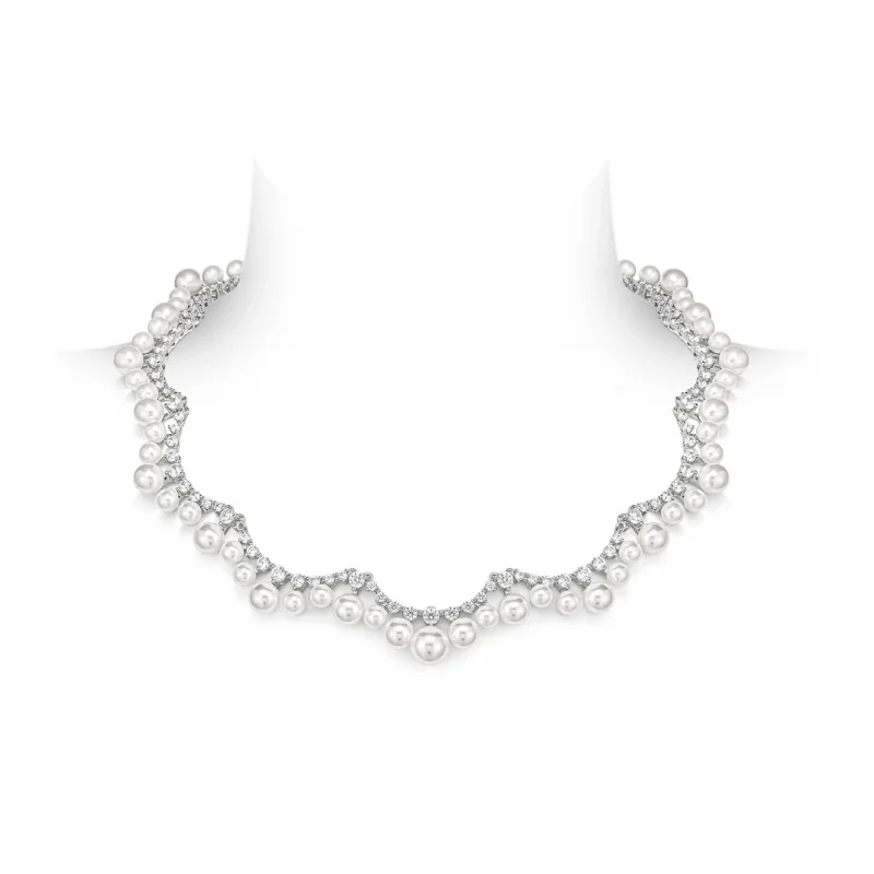 

BELLUX Choker 925 Silver Gold Plated Synthetic Zircon White Pearl Wave Feeling Beads Elegant Wedding Necklace