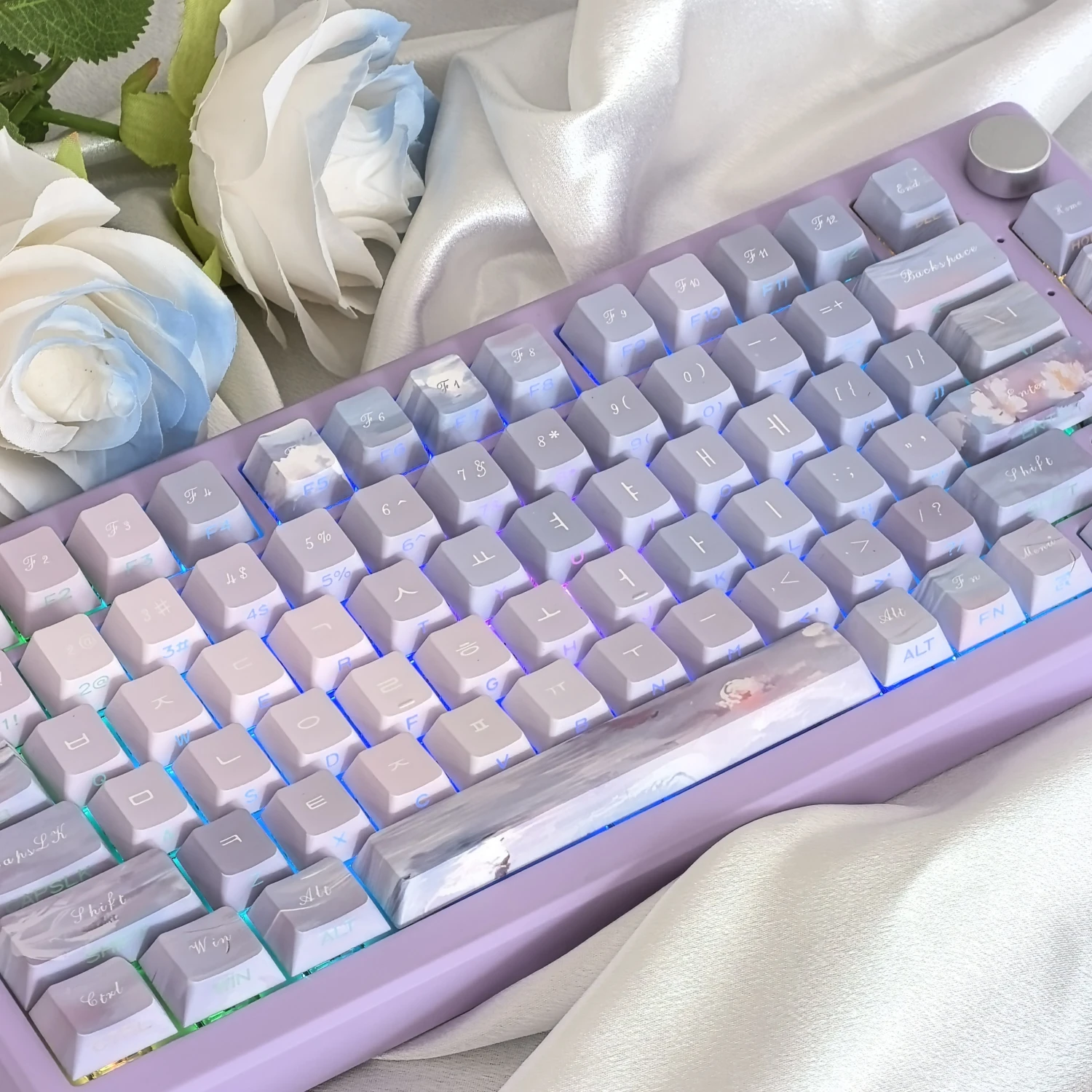 Imagem -06 - Dreamy Roxo Coreano Keycap Teclado Mecânico Pbt Cereja Lado Gravado Translúcido Key Caps Monet Water Lily 130 Chaves