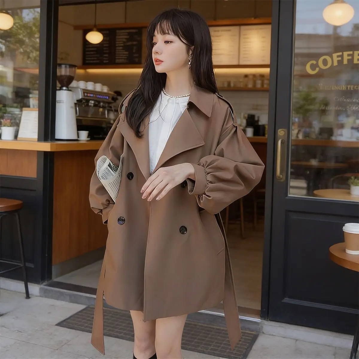 

Женская ветровка-пальто в корейском стиле, новинка весна-осень 2026, укороченная куртка с рукавами-фонариками, верхняя одежда