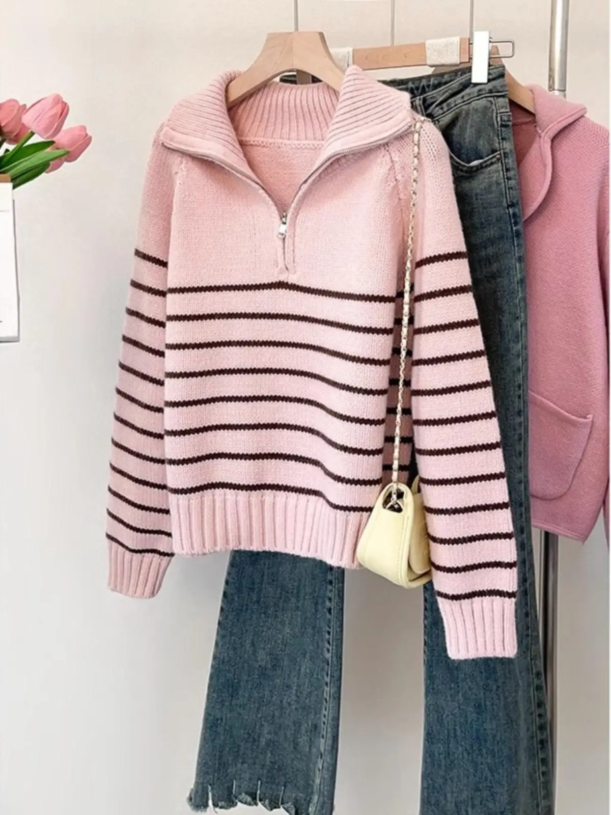 Pink Striped Half Zip Lapel Sweater Women Autumn Retro Soft Contrasting Color Knit Pullover Korean Style Loose Long Sleeved Top