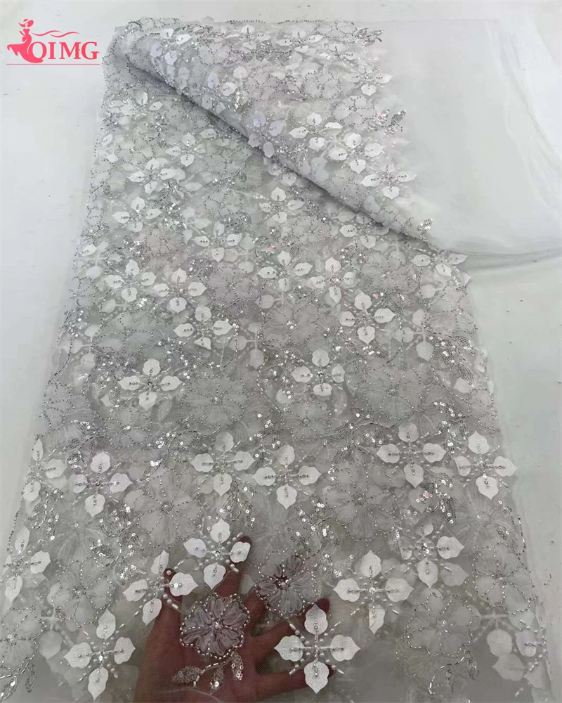 OIMG tela de encaje de tul bordado con cuentas de lentejuelas de flores en 3D para vestido de noche de boda