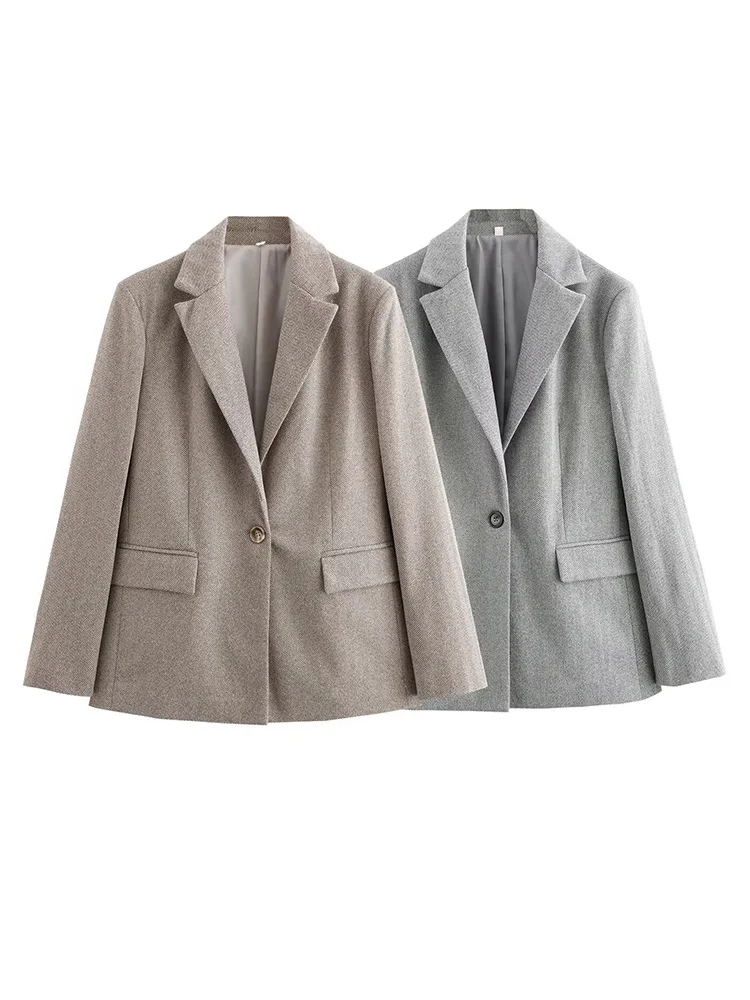 TRAFZA Women Elegant Herringbone Twill Blazer Lapel Pocket Decorate Women's Autumn Long Sleeve Coat Street 2-color Jacket Mujer