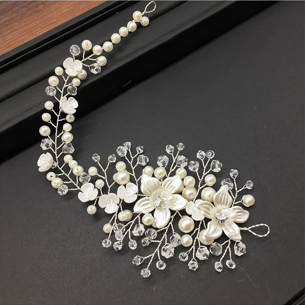 

Flower Crystal Pearl Hair Accessories White Bridal Wedding Headband Chain Headdress Hairstyle Charmful Occasions Bridesmaid