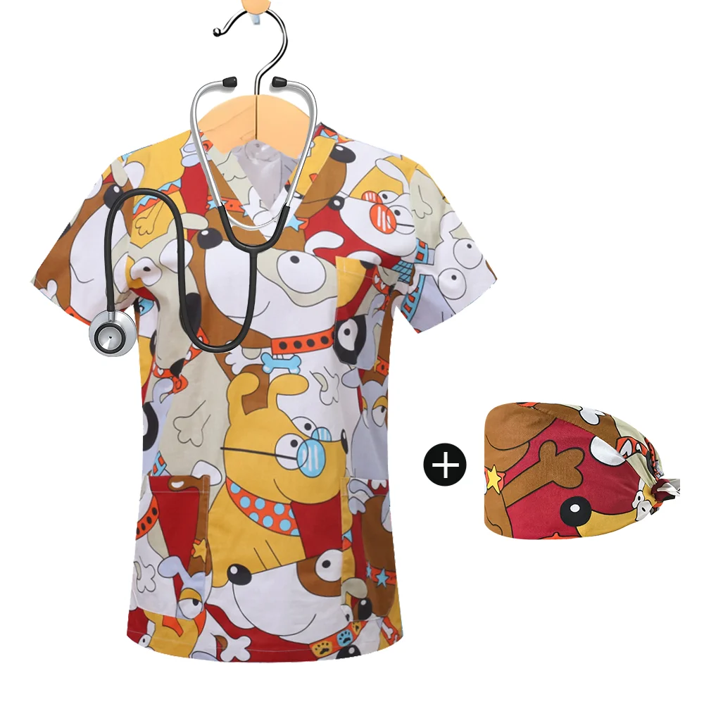 

Women Nurse Uniform Dog Pattern 3D Print V-Neck Pocket Medical Uniforms Fashion Nursing Scrubs Uniforme Women's Work Wear