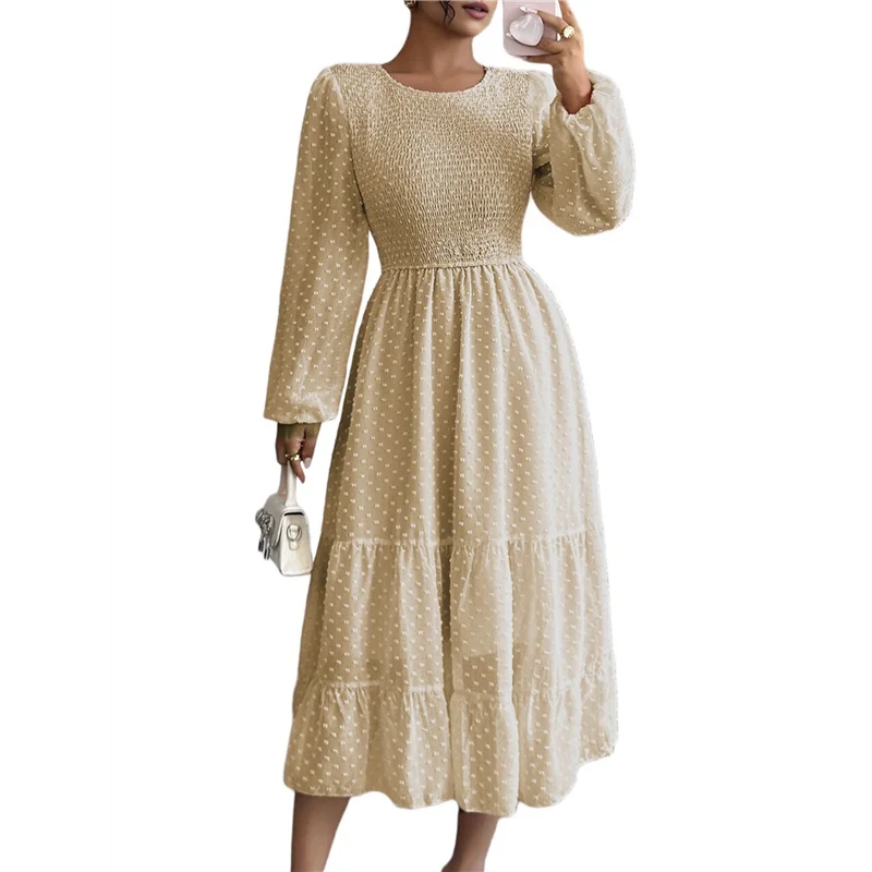 ABRT-robes d'automne pour femmes, manches longues, col rond, taille à pois, en mousseline de soie, à volants, robes mi-longues smockées