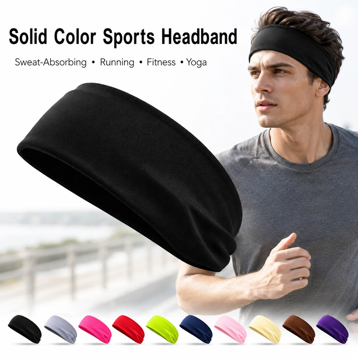 Bandeau de sport unisexe absorbant la transpiration en polyester pour la course, le fitness, le yoga, couleur unie, pour le cyclisme, l'entraînement et la gym