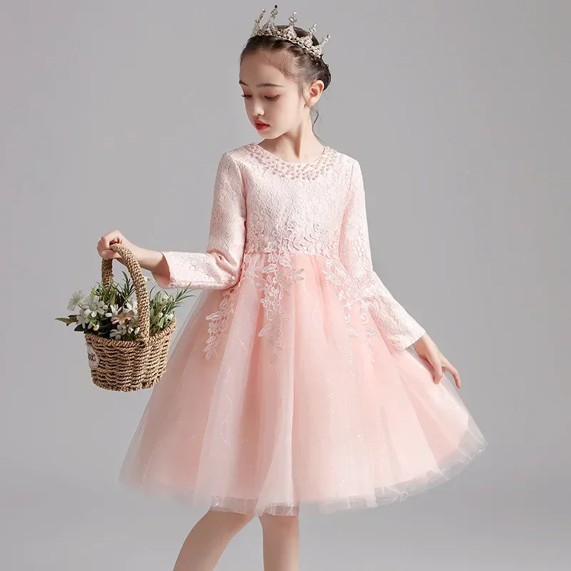 Vestito da ragazza 2023 autunno nuovo abbigliamento per bambini vestito da principessa in rete vestito per bambini fiore vestito da spettacolo per pianoforte per bambini Autu