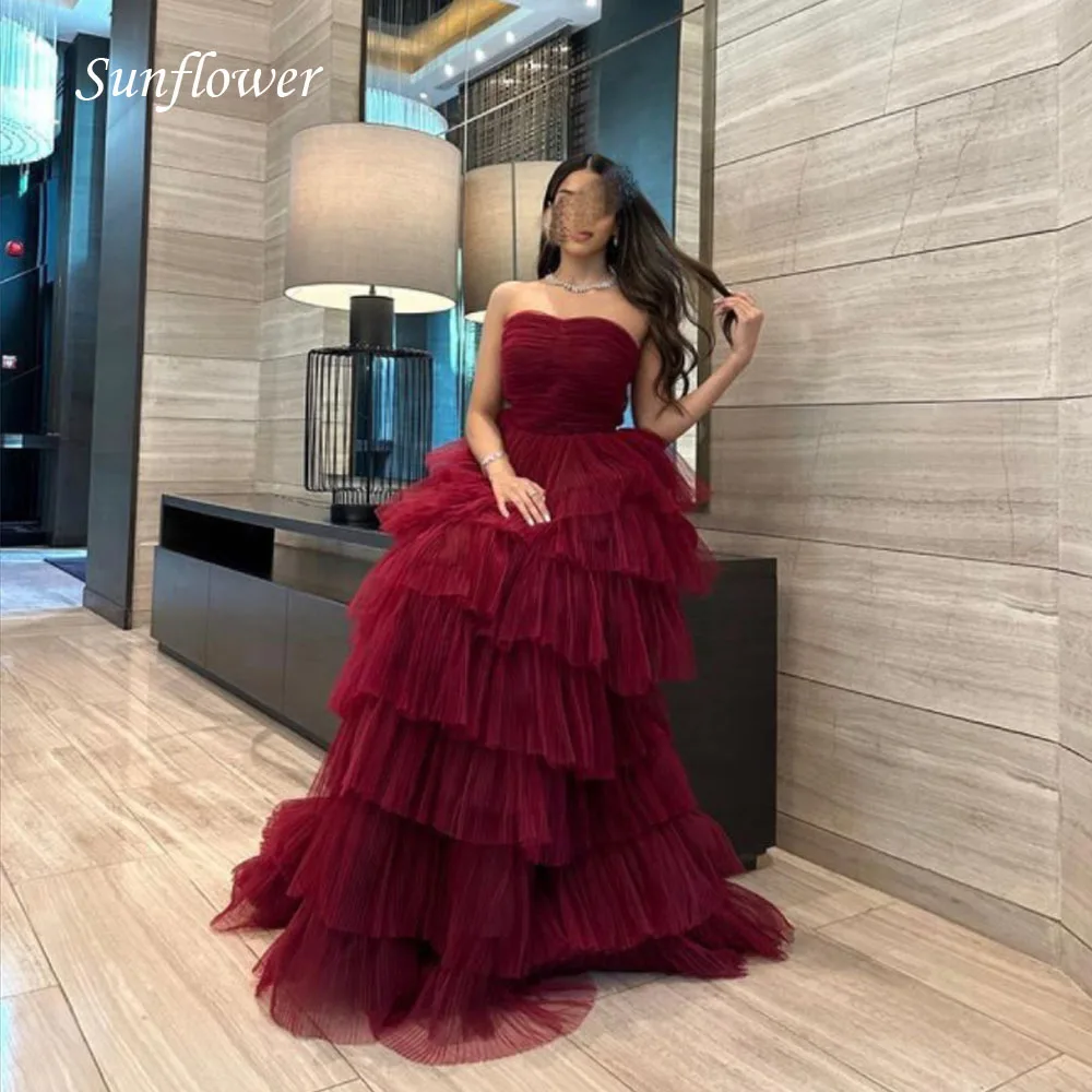 Sunflower Red Strapless Prom Gowns Floor-Length A-LINE Evening Dress Pleat Tulle Tiered Party Dress 2023 High-end Customized