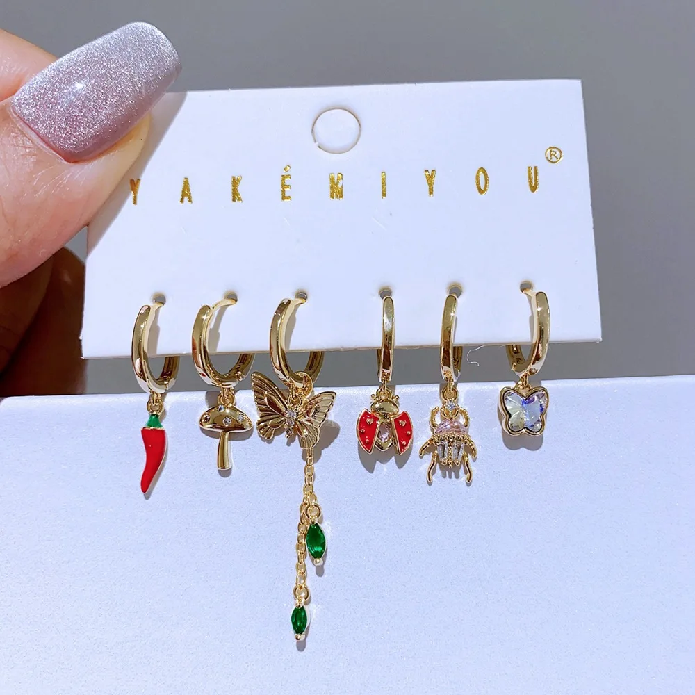 Creative Gold Color Butterfly Mushroom Ladybug Hoop Earrings Set for Women Trendy Enamel Insect Small Huggie Dangle Earrings