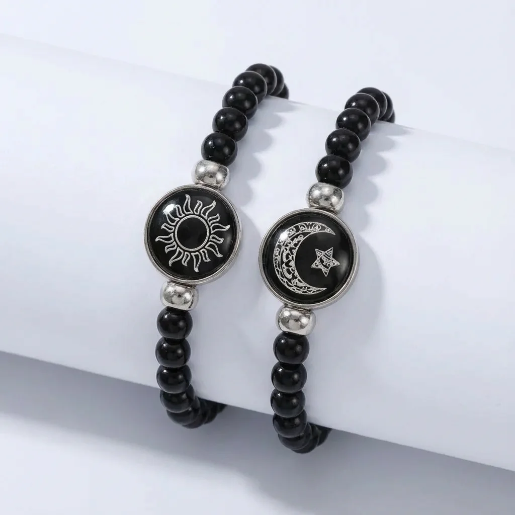 

Classic Luminous Sun Moon Couple Bracelets for Women Handmade Black Beaded Matching Bracelets Charm Friendship Jewelry Gifts