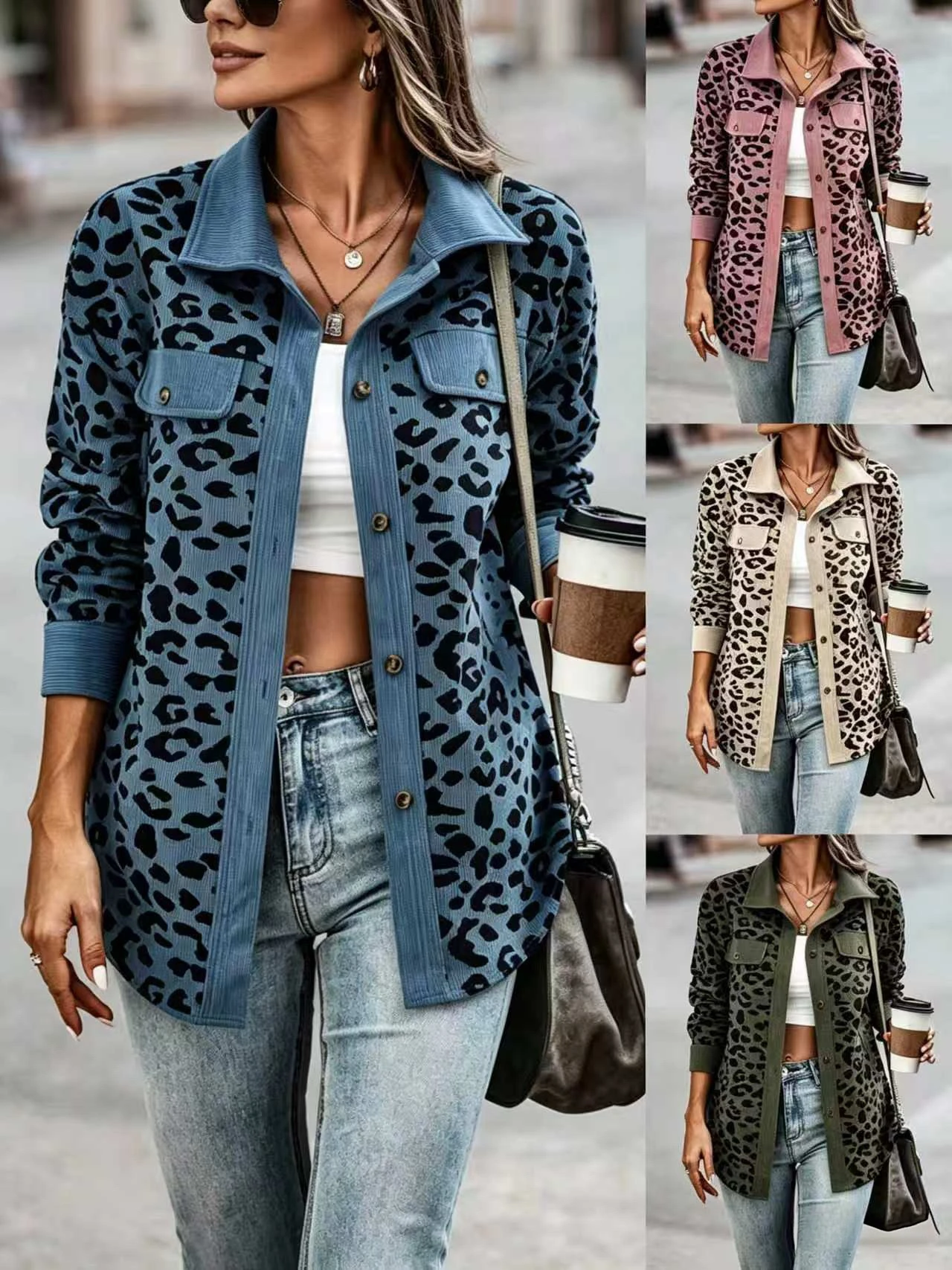 Women\'s leopard print button long sleeve jacket, single-breasted open-front shirt design, suitable for fashionable wearing in sp