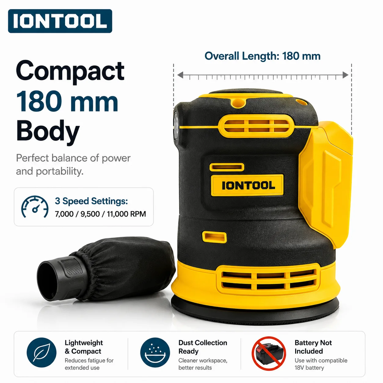 IONTOOL 180mm Cordless Electric Tool Sander Variable Speed for Wood Fine Sanding and Curved Surface Finishing Home Bare Unit