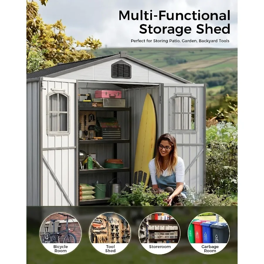 Outdoor Storage Shed for Garden Tools, Heavy-duty Galvanized Steel, Gray, Weatherproof with Double Doors and 2 Windows for Bike