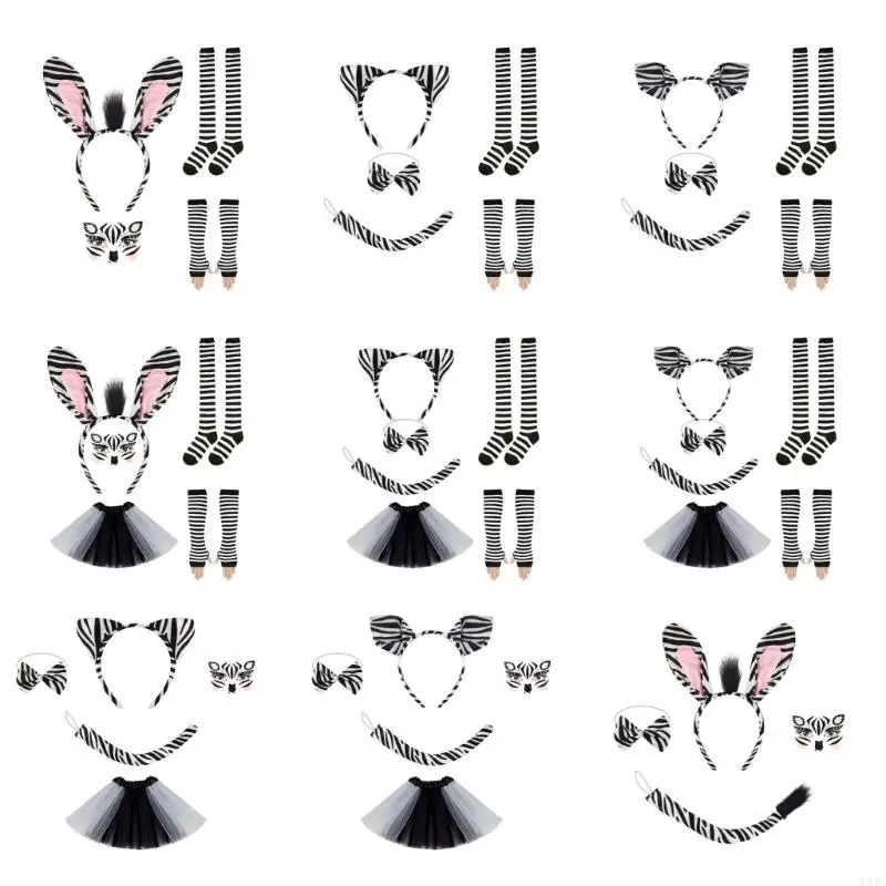

634C AnimalCostume Accessories Includes Headband Tail Face Sticker Bowtie Skirt