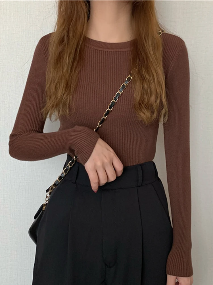 Nowy damski sweter na jesień i zimę 2025, z długim rękawem, podstawowy top, modny sweter z okrągłym dekoltem, elastyczny, damski, zimowy, jednolity, dzianinowy sweter.