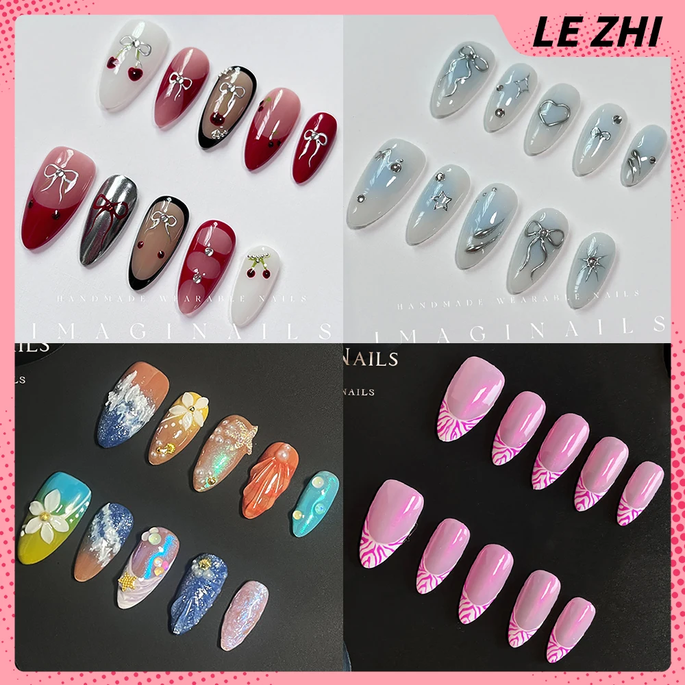 10Pcs Spice Girls Y2K Handmade French Style Almond Fake Nails Europe America Butterfly Glitter Diamond Color Full Covered Nails