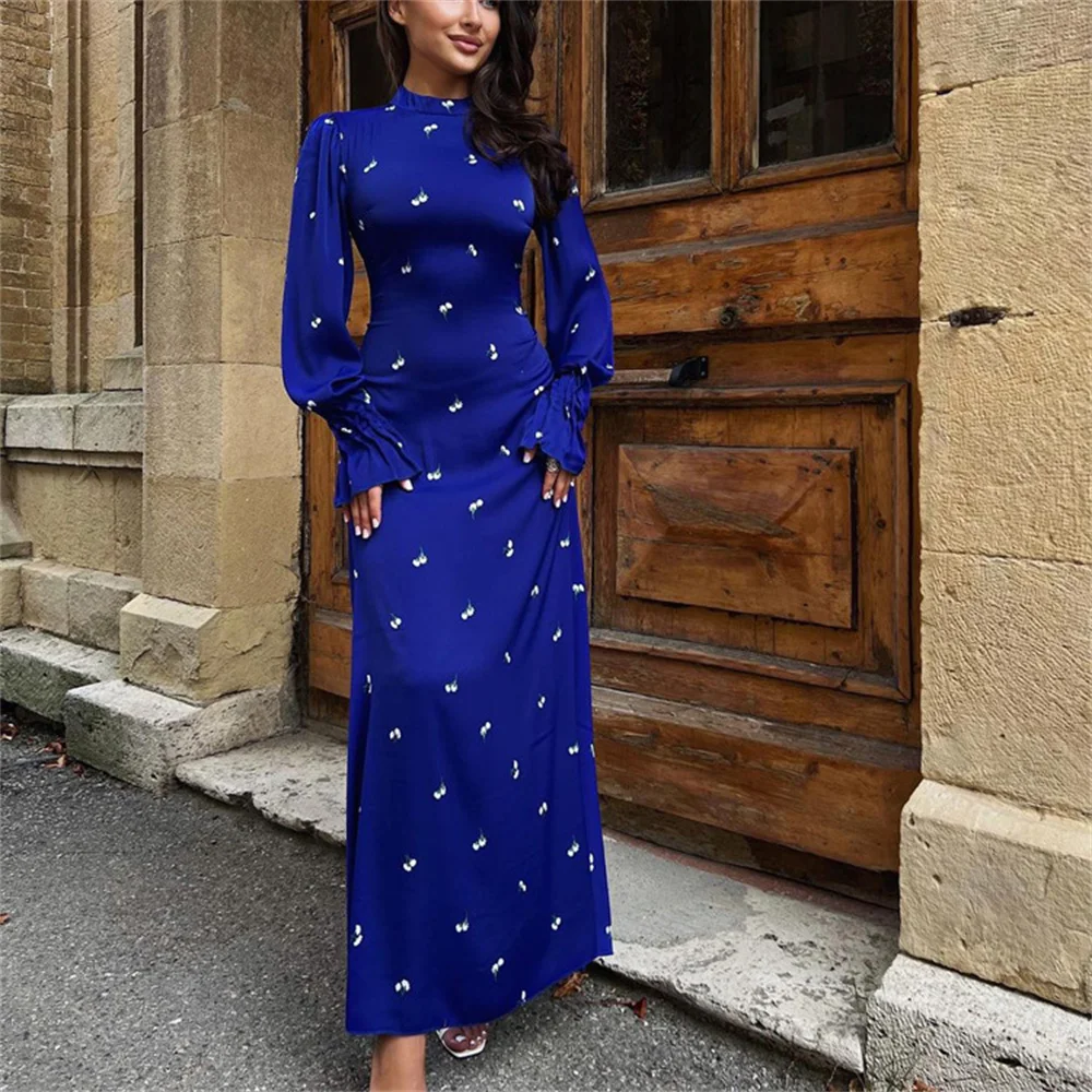 

Women Print Satin Long Dress Elegant Bodycon Stand Collar Long Sleeve Ankle-length Lace-up Dress Female Maxi Dress Vestidos