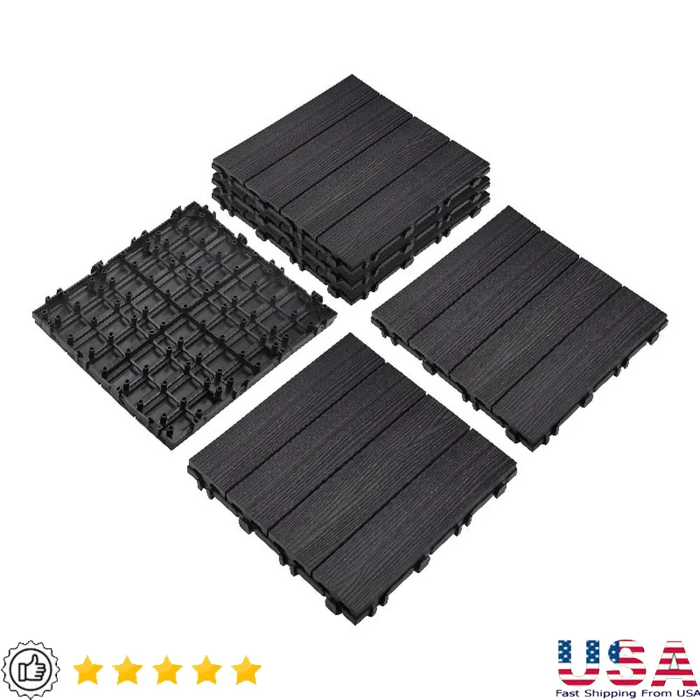 

Interlocking Wood Composite Deck Tiles Waterproof UV Protected Anti-Slip Eco-Friendly Easy Install 6-Pack Modern Ebony Black