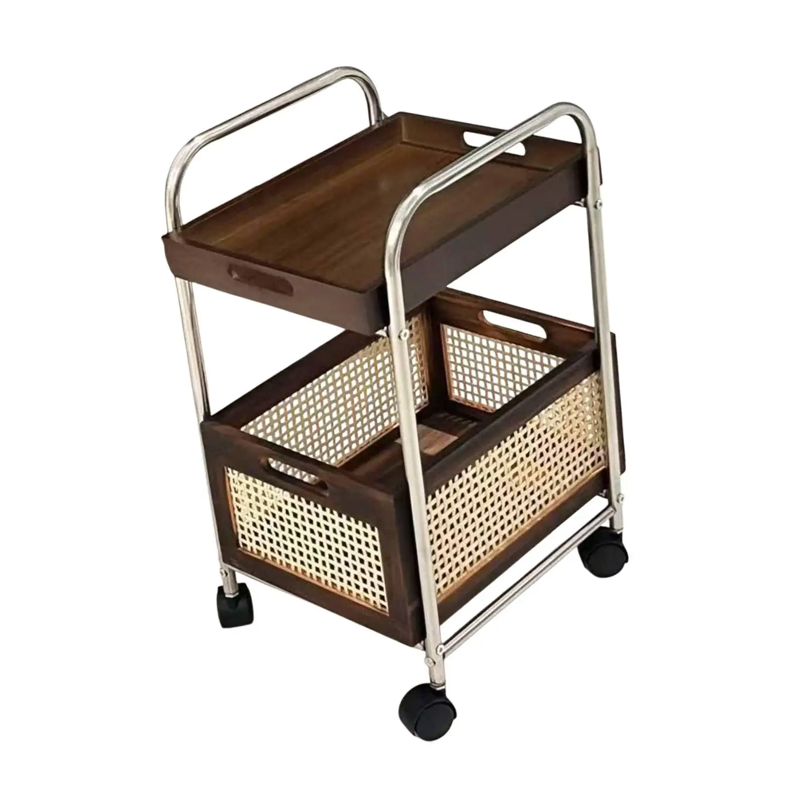 Storage Cart Makeup Trolley with Wheels Bottom Basket Wooden Top Tray Storage Rack Organizer for Nursery Household Dormitory