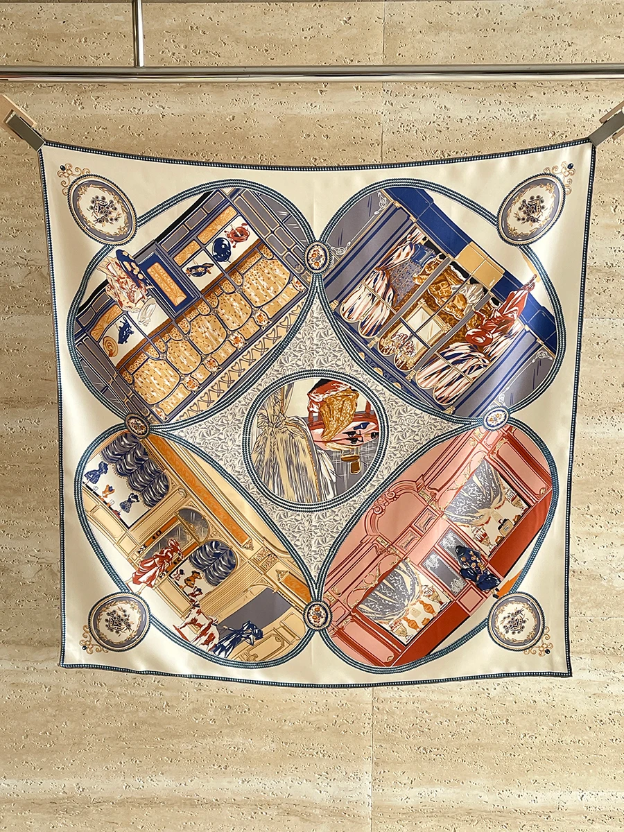 Bufanda de seda de 90cm, pañuelos cuadrados de diseñador de lujo, chales con borde enrollado a mano, accesorios para el cuello y el pelo de 90 grados, regalo de Navidad para madre