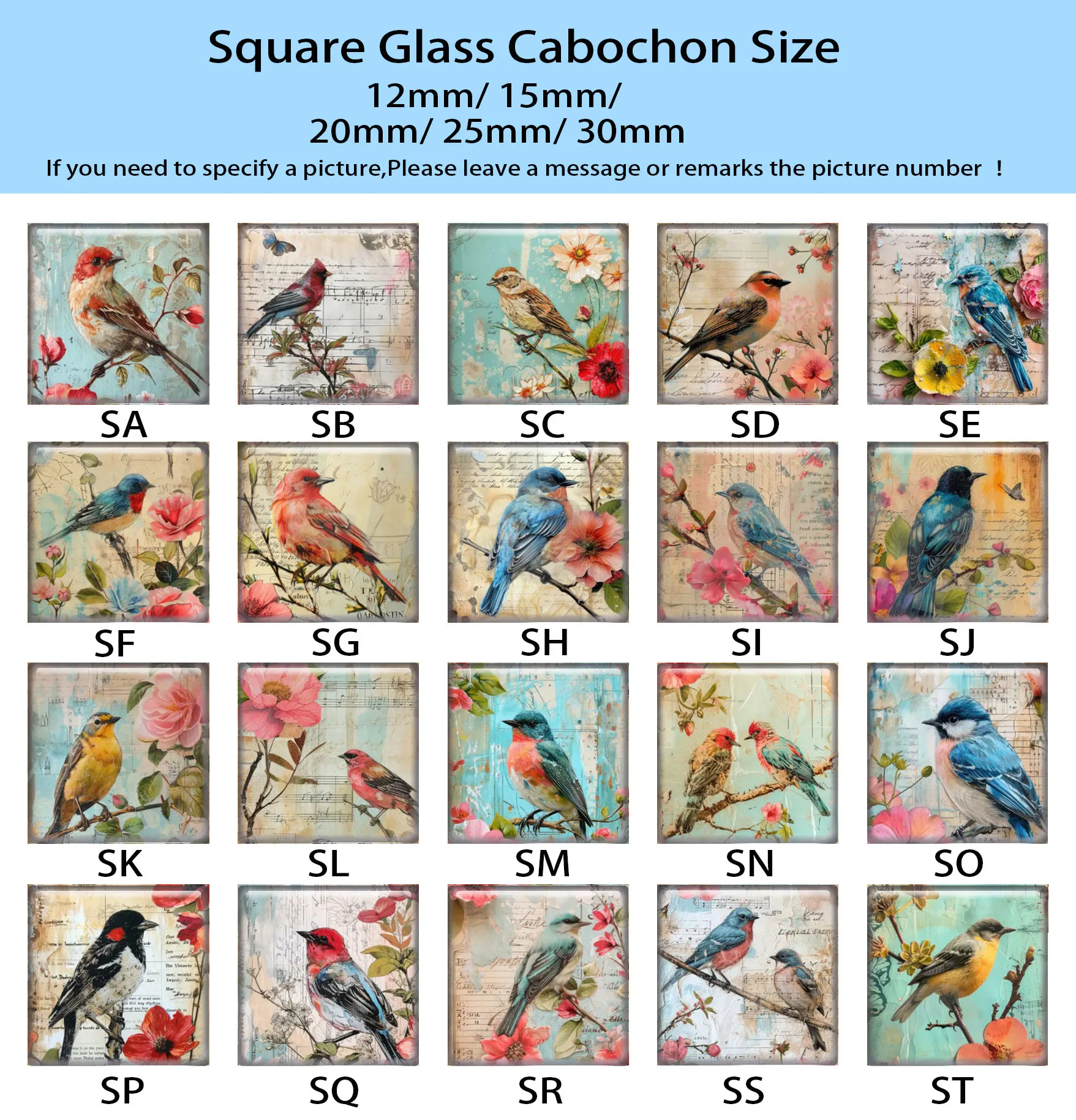 Random Mixed Round/Oval/Square Vintage Bird Flower Branch Photo Glass Cabochon Flatback Demo Cameo For Diy Jewelry Making view 6