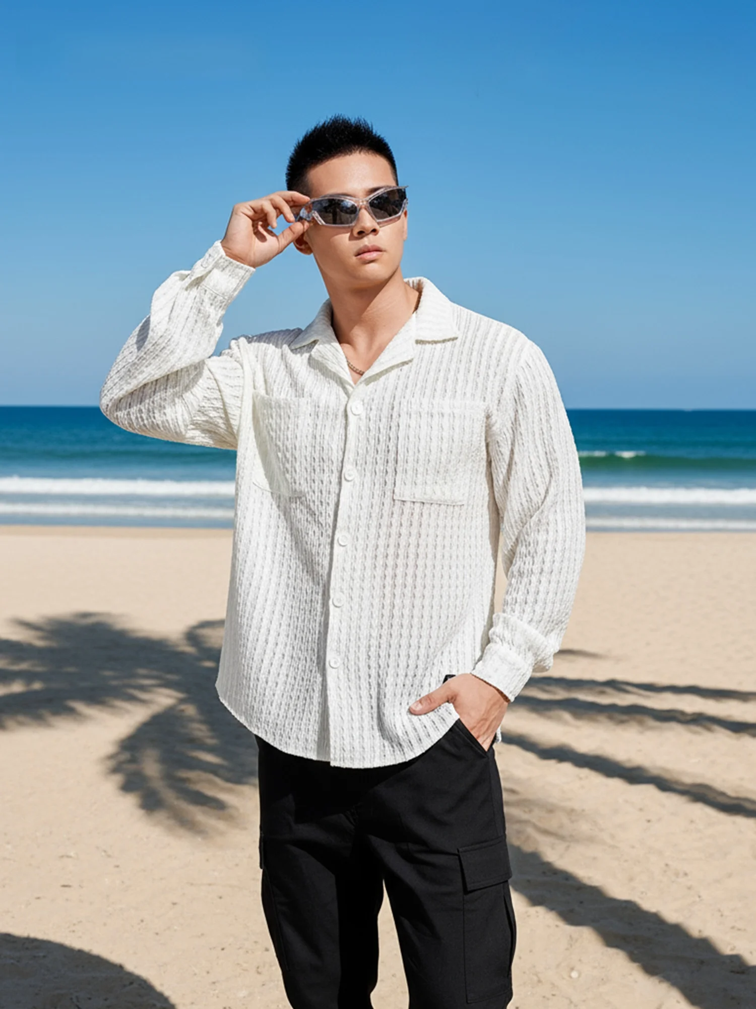 

Men's Knitted Pure Color Hollow out irt Casual Spor Sle Autumn Lazy Faion Breathable Polyester Fiber Long Sve Casu...