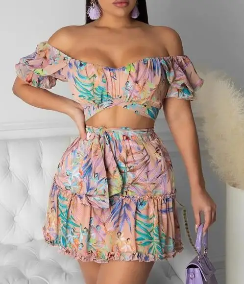 

Womens Summer Vacation Skirt Two-piece Floral Print Off Shoulder Short Sleeve Crop Top and Tie Details High Waist Mini Skirt Set