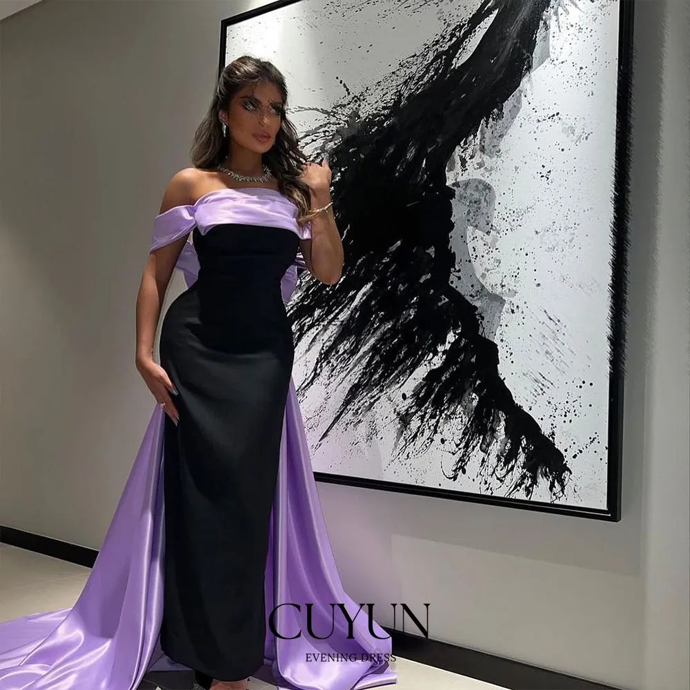 

CUYUN Black and Purple Women Party Dress Straight Gown with Train Customized Off the Shoulder Formal Evening Gown Saudi Arabic