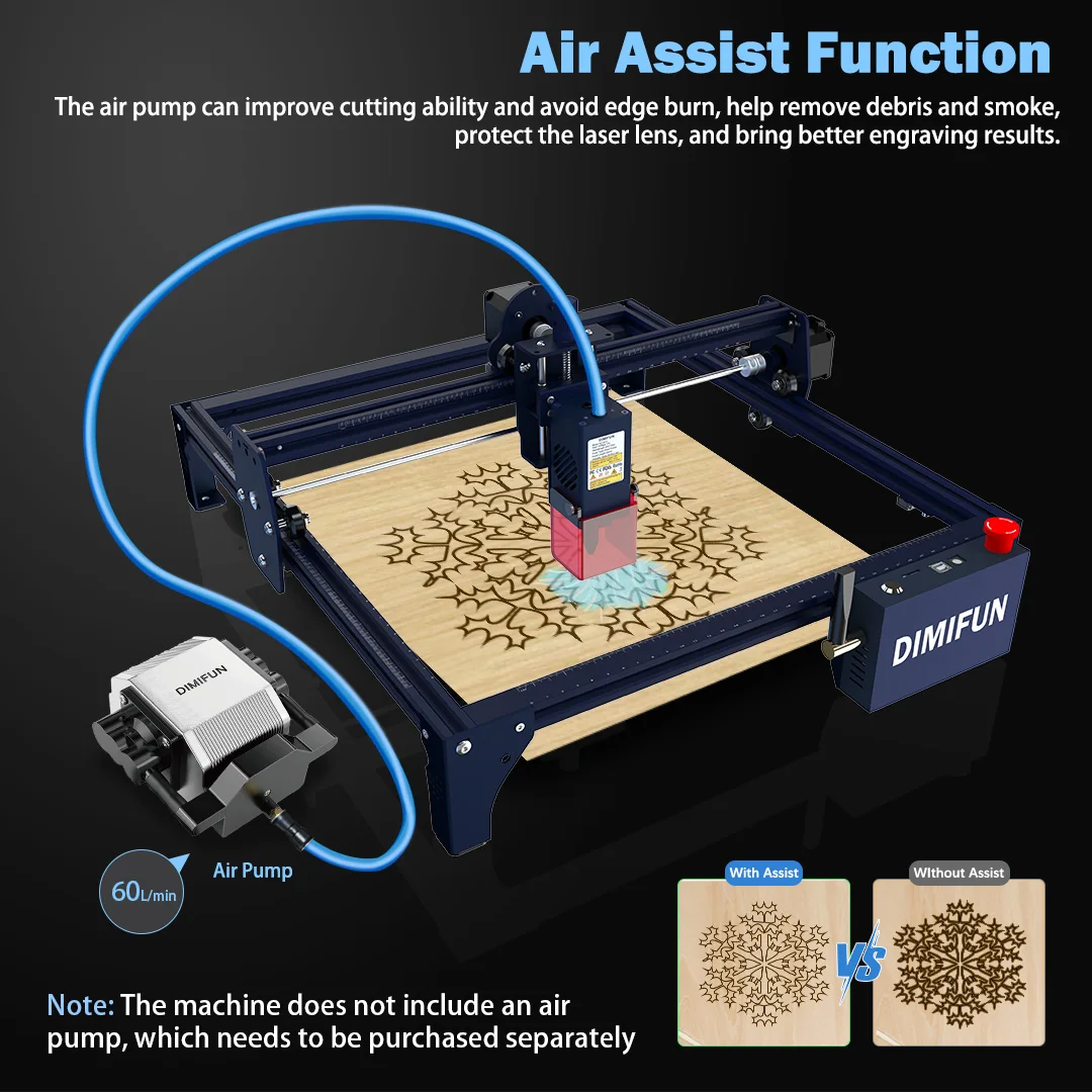 Universal Air Pump for NEJE, DIMIFUN and other Laser Engravers - Includes 28W 60L/min Auxiliary Nozzle Kit