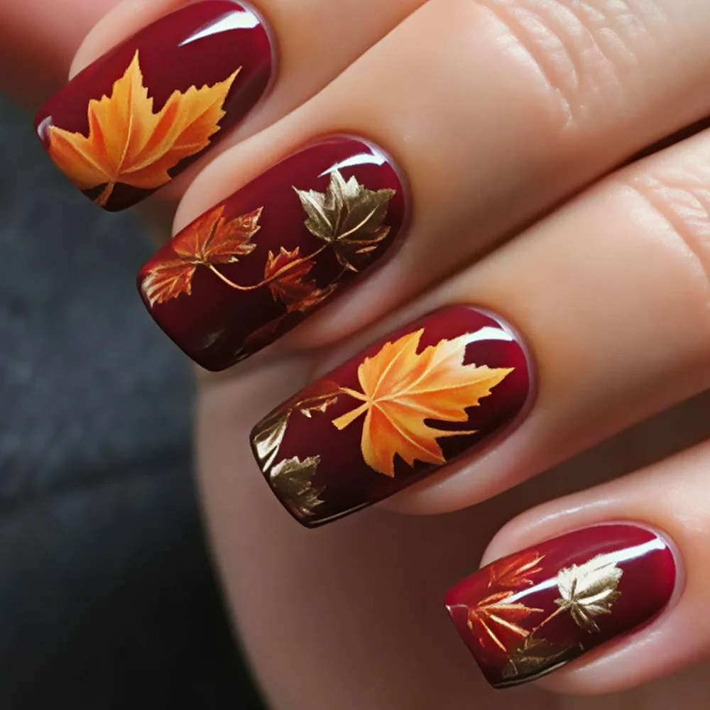 24Pcs Autumn Winter Gold Leaves Pattern False Nail Sets Full Red Short Square Manicure Ballet Detachable Art Fake Nails Press On