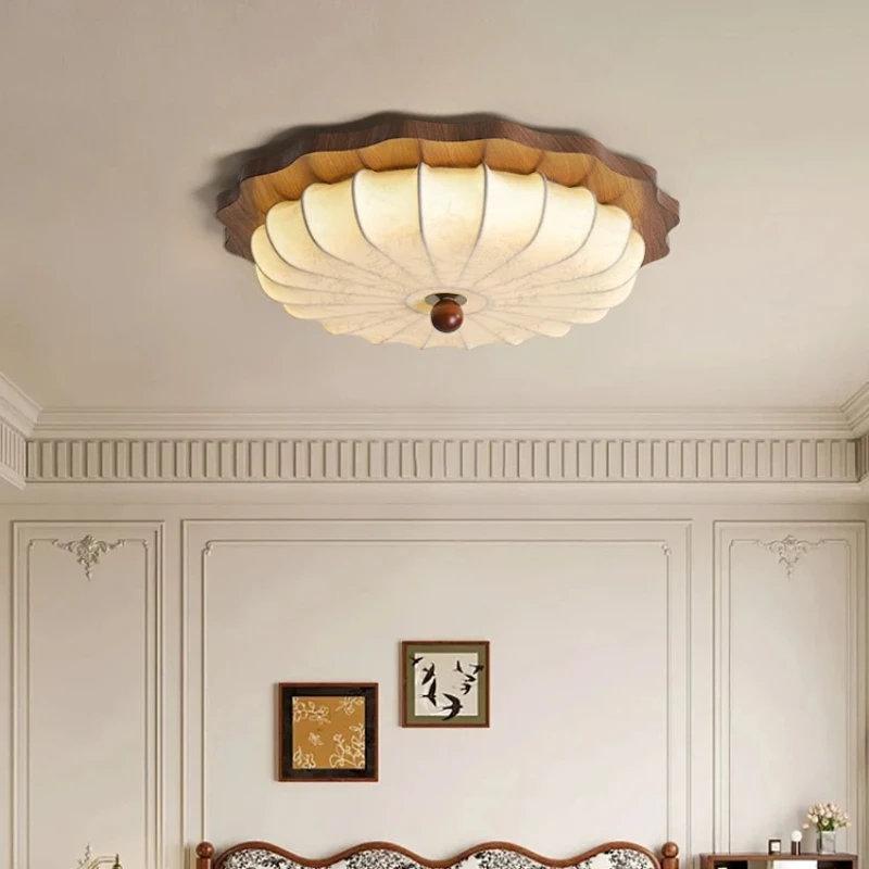 

Japan Vintage Rotundity Wooden Ceiling Light White Printing Fabric Lampshade Living Room Bedroom Restaurant Kitchen Hanging Lamp