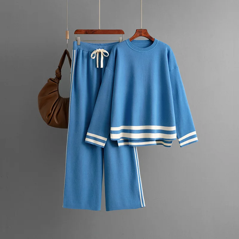 بدلة على الموضة ملابس النساء خريف شتاء جديد متماسكة س الرقبة فضفاضة البلوز سترة واسعة الساق السراويل قطعتين مجموعات ملابس نسائية