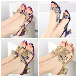 Summer Peacock Diamond Thick Heels Sandals Bling Flower Colorful Rhinestone Pumps Sexy Women Luxury String Bead Shoes