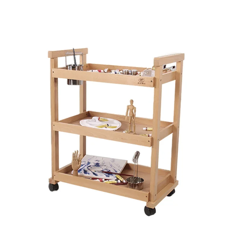 A beech-made painting trolley holds a shelf and a wooden painting cabinet.