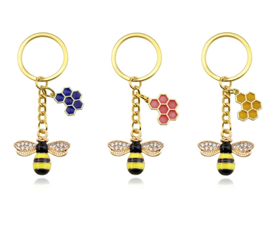 1Pc Cute Women Hexagon Honeycomb Drip Oil Rhinestone Bee Keychain Couple Insect Key Ring Bag Ornament Accessories