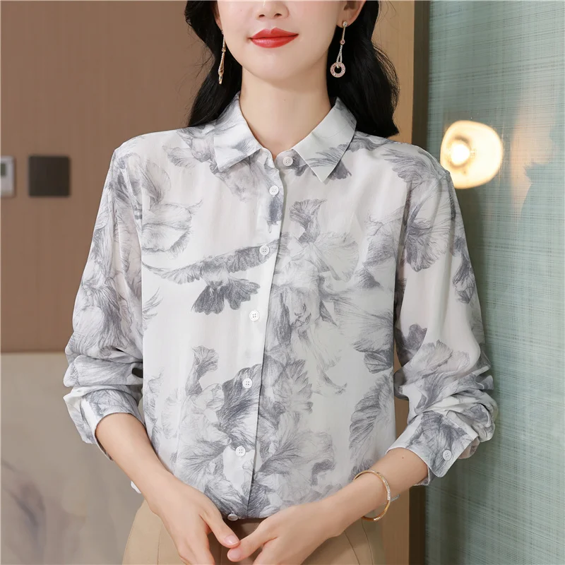 

Винтажные женские блузки с принтом, повседневные рубашки, модная свободная летняя французская одежда, атласные женские топы с длинными рукавами